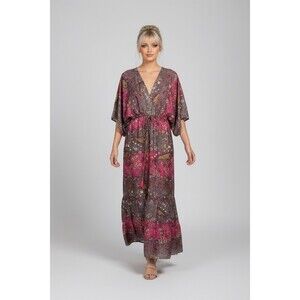 White Waves Boho Maxi Dress Womens L/XL Fuchsia Gray Floral Paisley NWT